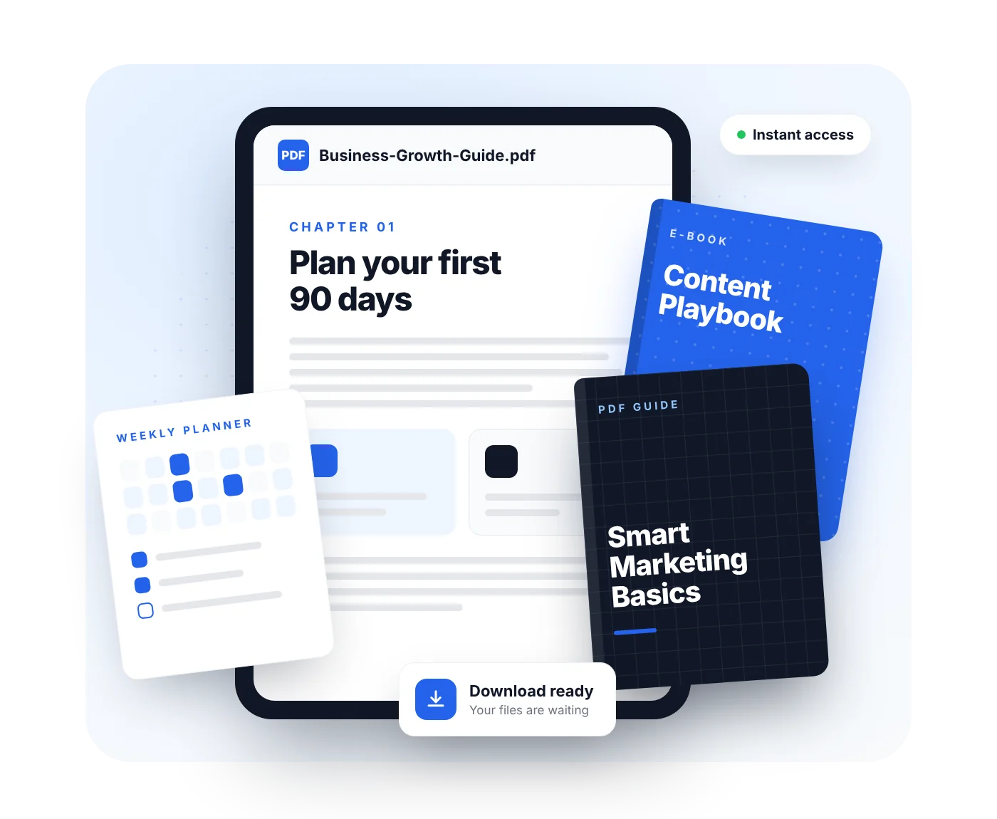 Illustration of e-books, a PDF guide on a tablet, and a printable planner